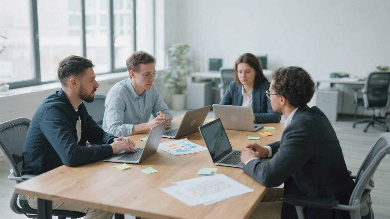 Calm modern office with a small team collaborating around a table, laptops open and strategy notes visible on paper sheets