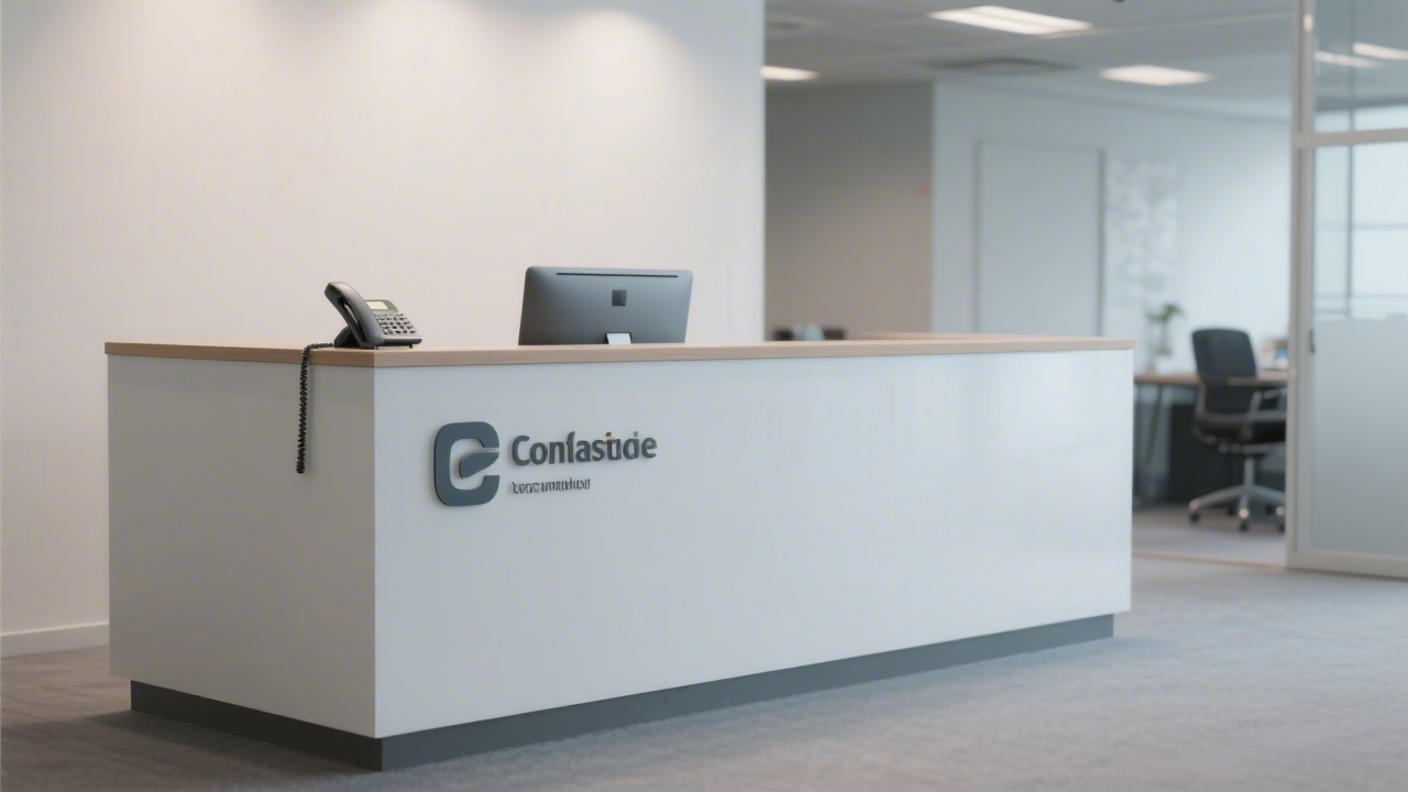 Reception desk with minimal branding and a phone, representing a professional business contact environment in a clean office