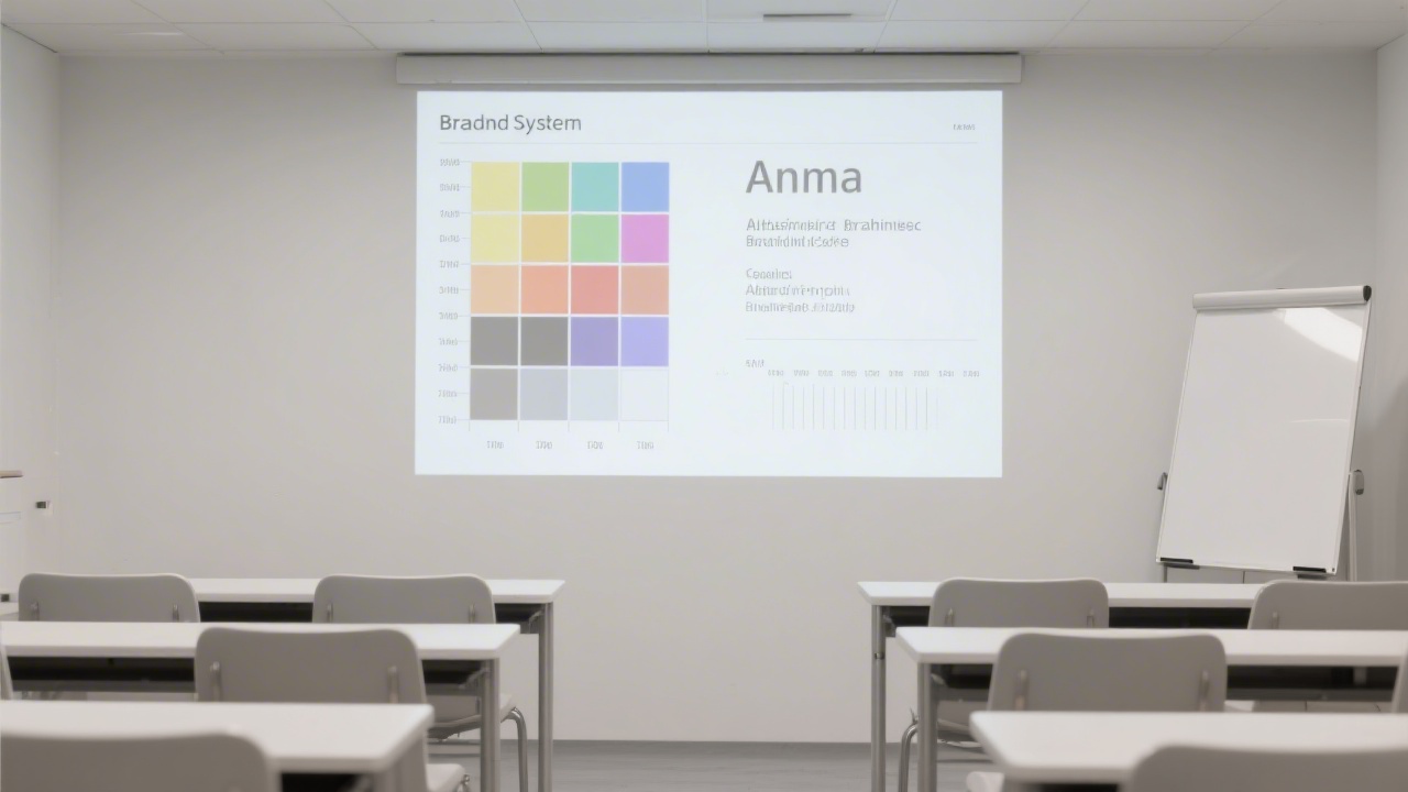 Minimal classroom with projection of brand system grid, color palette, and typography scales, indicating a professional branding course atmosphere