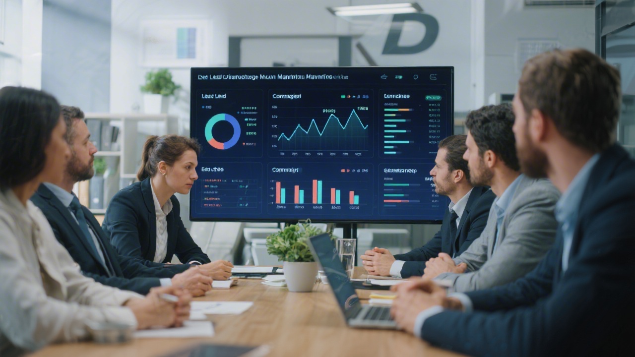 Meeting room with stakeholders reviewing dashboard of lead metrics, campaign results and conversion rates, emphasizing data‑driven decisions