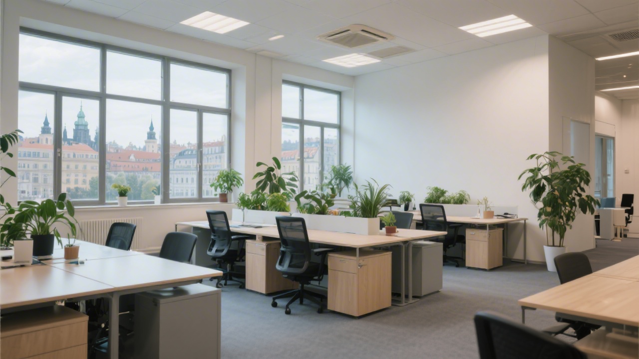 Wide angle view of a Prague office interior with large windows, desks and plants, suggesting a professional yet calm work environment