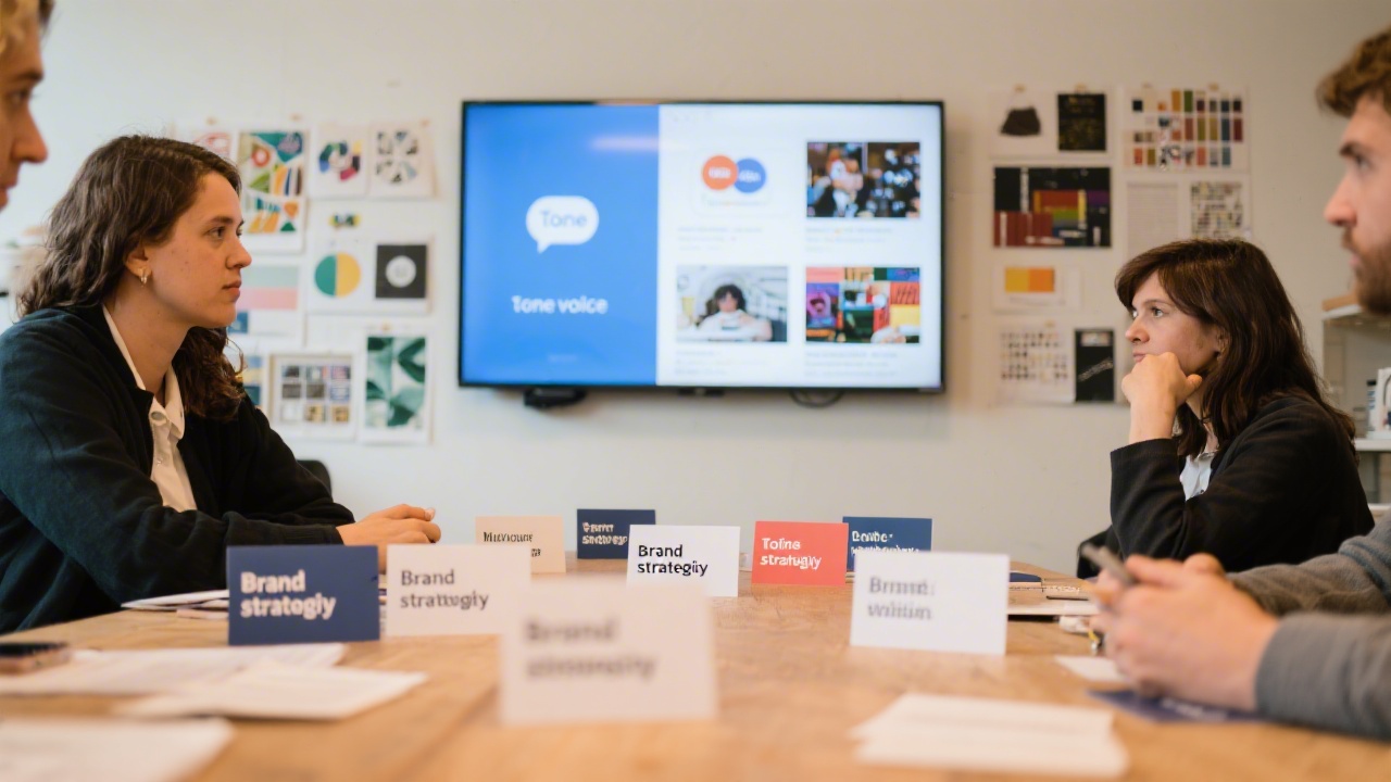 Brand strategy workshop with printed brand values cards and a screen showing tone of voice examples and visual moodboards