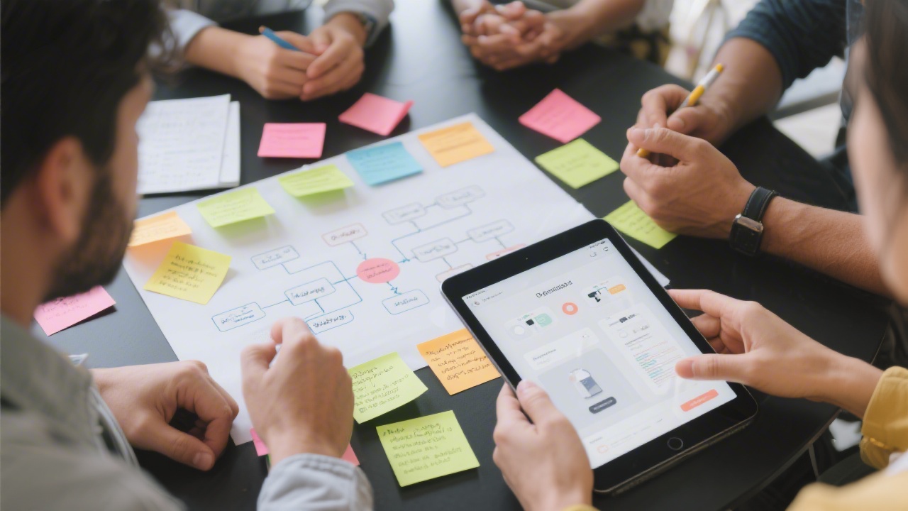 UX research session with sticky notes, user flow charts, and an open prototype on a tablet, indicating usability optimization