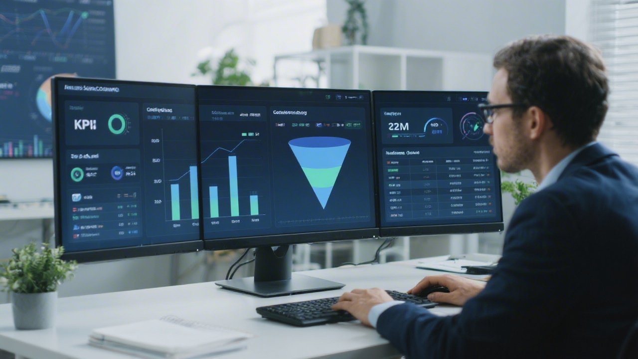 Data analyst reviewing conversion funnel charts on a wide monitor with KPI dashboards and segmentation tables