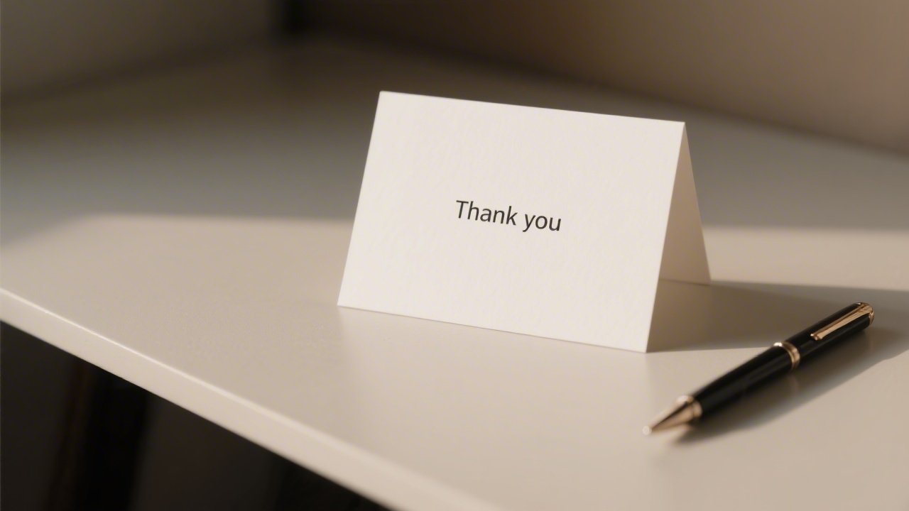 Minimal thank you card on a desk with a pen and neutral background, symbolizing confirmation and professional response